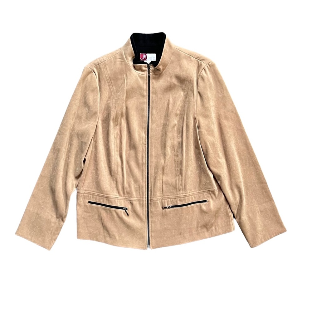 JM Collection Full Zip Tan Lightweight Faux Suede Lined Casual Jacket EUC 14